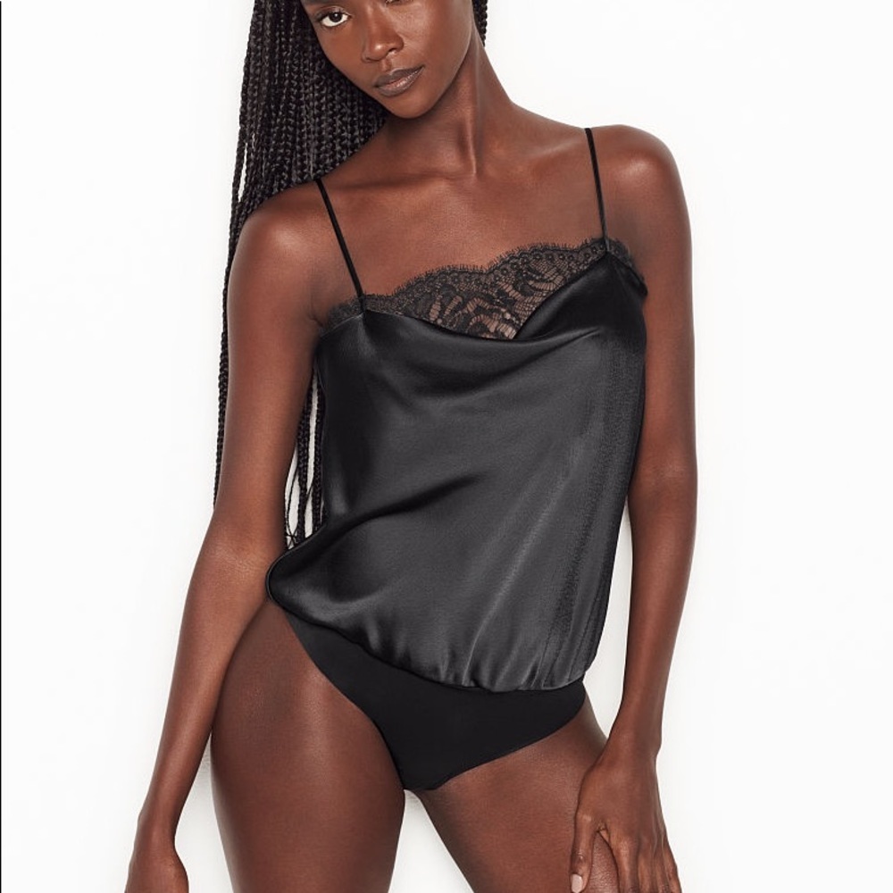 Victoria’s Secret Black Satin Cowl-Neck Lace Inset Bodysuit